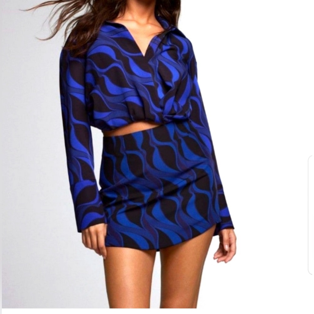 Zara Blue and Black Wave Print Crop Top & Mini Skirt Set